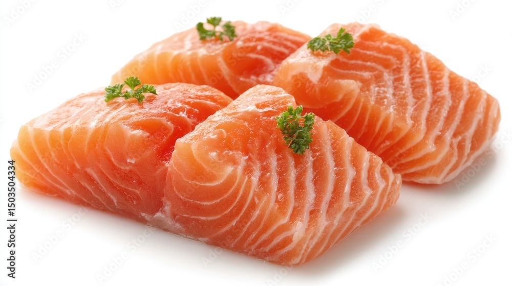 Salmon Quartet Fresh Fillets Garnished on White. Salmon Quartet Fresh Fillets Garnished on White.