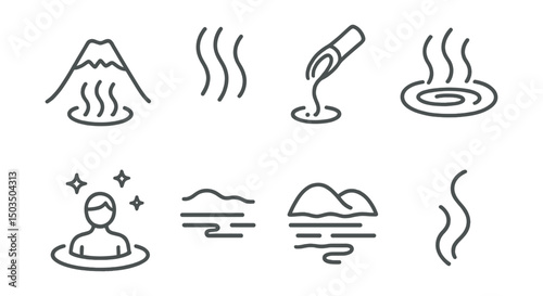 Line style icons of Japanese bath: hot spring mountain icon, natural mineral steam, bamboo pipe spout, peaceful steam ripple, bathing under stars, fog over water, serene view, steam trail icon.