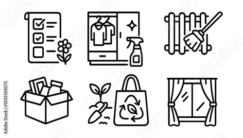 Line style icons of seasonal chores: spring clean checklist, wardrobe rotation, window wash, radiator dusting, declutter box, garden prep icon, seasonal swap bag, curtain wash.