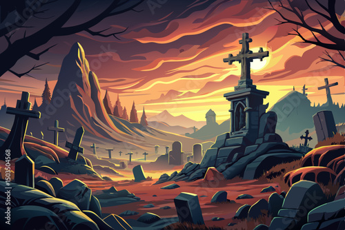 View of Spooky graveyard at dusk with mist and old cross vector landscape