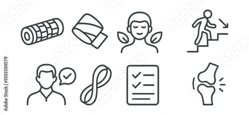 Line style icons of bath and sports recovery: foam roller, compression wrap, calm body symbol, cooldown steps icon, trainer’s advice icon, flexibility loop, rest checklist, joint relax.