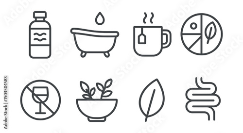 Line style icons of bath and nutrition: electrolyte drink, post-bath hydration, soothing warm tea, balanced plate icon, no alcohol sign, herbal treat bowl, nutrition leaf, digestion track icon.