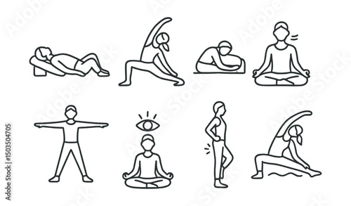 Line style icons of yoga and breathwork: restorative pose, gentle flow icon, supported stretch, breath and posture combo, mindful movement, present moment icon, joint ease icon, soft stretch wave.