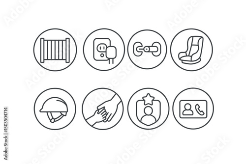 Line style icons of child safety in circles: baby gate icon, outlet cover, child lock, car seat, safety helmet, hand holding, supervision badge, emergency contact.