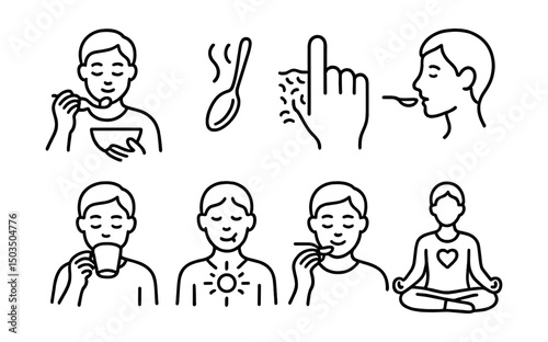 Line style icons of meditation and mindfulness: mindful eating icon, slow spoon, food texture icon, taste awareness, drink sip moment, hunger signal, chew slowly icon, body response symbol.