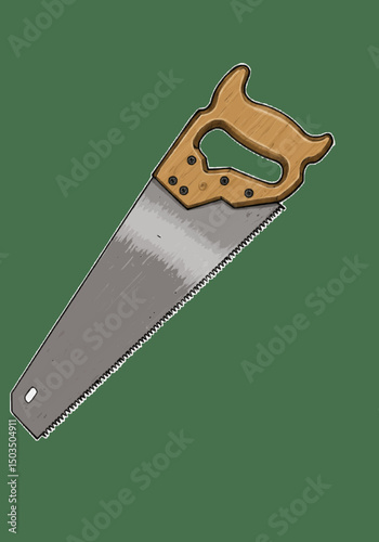 Simple and clean vector illustration of a classic hand saw with a polished steel blade and a wooden handle. Serrote, em português.