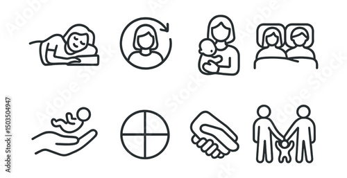 Line style icons of baby care: mom resting icon, caregiver shift icon, baby with nanny, rest for parents, caregiving support hand, balanced care wheel, tag-team parenting, shared effort icon.