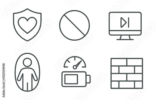Line style icons of emotional recovery: safe boundaries icon, saying no symbol, time alone icon, digital pause, personal space field, emotional energy scale, clear limit lines, gentle wall icon.