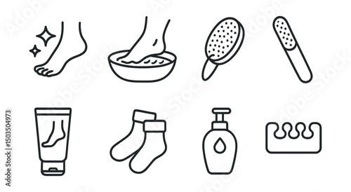 Line style icons of body care: clean feet icon, foot bath bowl, pumice stone, nail file, heel cream, soft socks icon, massage oil, toe separator.