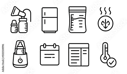 Line style icons of breastfeeding: expressed milk icon, fridge symbol, milk freezer bag, thawed milk indicator, breast milk warmer, milk date label, storage guideline chart, safe milk temp.
