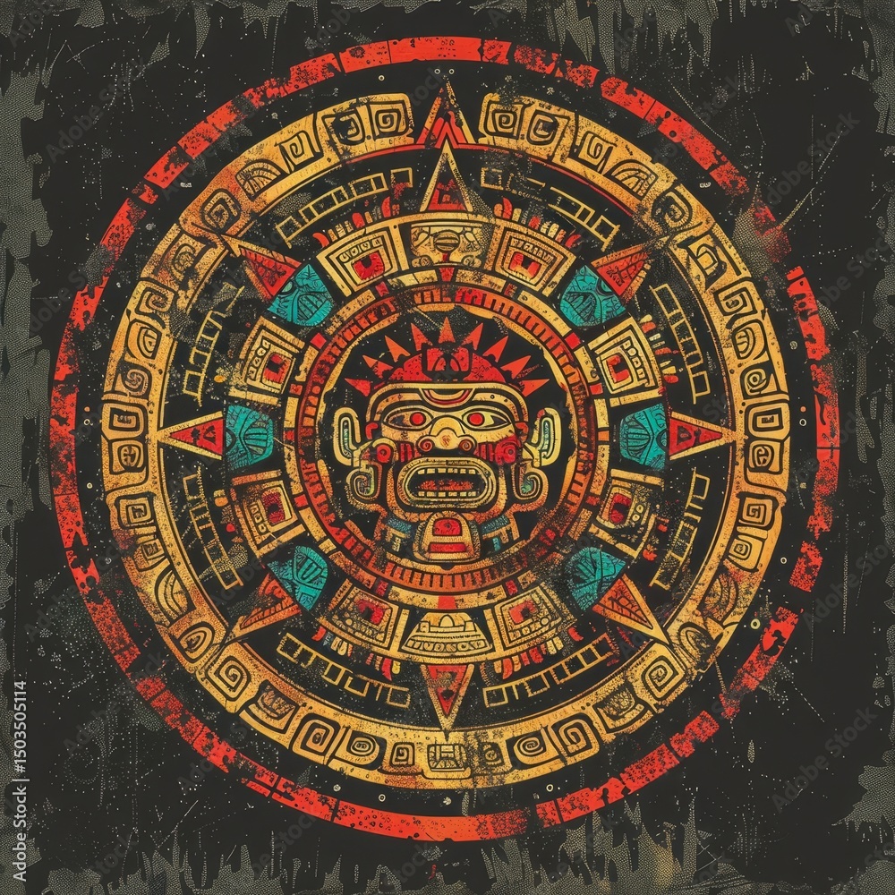 Fototapeta premium Aztec calendarinspired circle geometric patterns