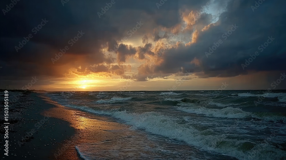 Fototapeta premium Dramatic Golden Hour Waves Crashing on Beach Under Stormy Sky.