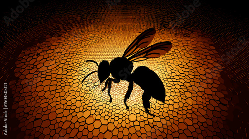 Silhouette of a bee on honeycomb background in warm tones  