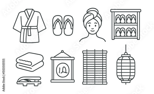 Line style icons of Japanese bath: yukata robe, geta sandals, hair towel wrap, wooden sandals shelf, folded towel set, bathhouse welcome sign, bamboo curtain, lantern light.