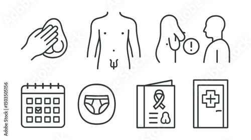Line style icons of men’s health: testicular self-check, anatomy outline, early lump alert, doctor consult icon, monthly reminder calendar, private awareness icon, supportive brochure, clinic door.