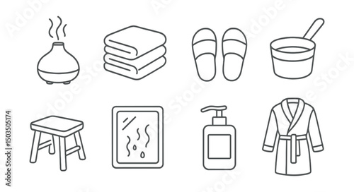Line style icons of home sauna: aroma diffuser, folded towels, home spa slippers, mini bucket, wooden stool, mirror with fog, soap dispenser, personal robe.