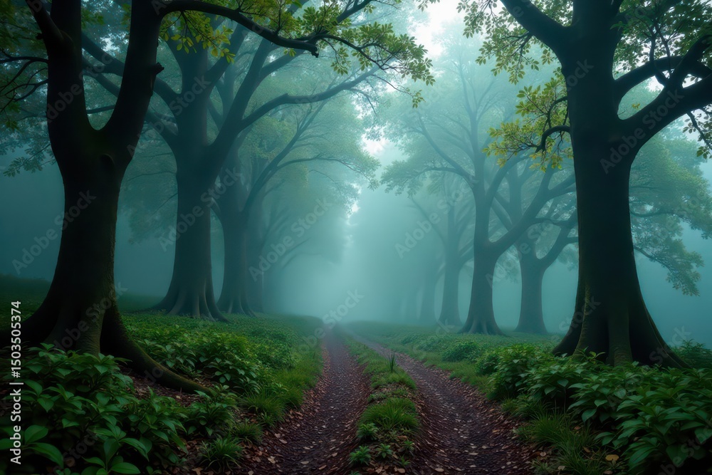 Obraz premium Foggy forest trail winding through ancient trees, atmosphere, trees, mist