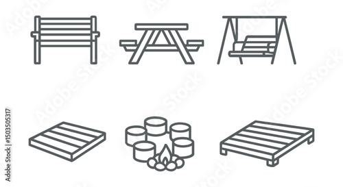 Line style icons of garden structures: garden bench, picnic table, swing seat, hammock stand, wooden platform, log circle seat, fire pit border, resting deck.