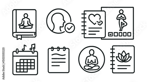 Line style icons of yoga and breathwork: yoga logbook, daily check-in icon, breath journal, pose tracker, weekly rhythm icon, breath notes icon, self-reflection icon, mindful planner.