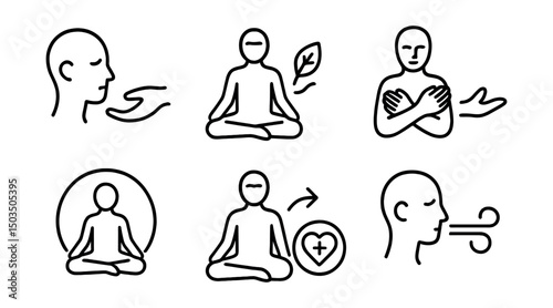 Line style icons of meditation and mindfulness: trauma-sensitive cue, grounding breath, self-holding icon, permission icon, safety boundary, gentle reorientation, trauma care symbol, paced breath.