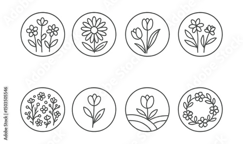 Line style icons of seasonal flowers: local flowers in spring, regional bloom in summer, traditional fall florals, native winter blooms, wildflowers in circle, homegrown stem icon, rural season icon,