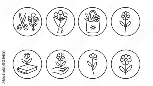 Line style icons of mini and mono bouquets: DIY mini bouquet kit, flower bundle to-go, small bouquet in market bag, student gift flower, spontaneous mono bouquet, single flower for friend,