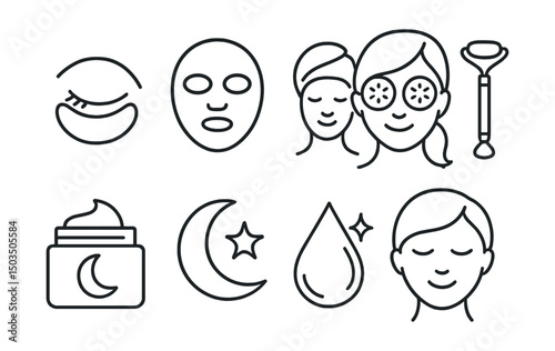 Line style icons of body care: under-eye patch, face mask icon, cucumber slice eyes, cooling roller, nighttime repair cream, beauty sleep symbol, glow-up drop, calm face smile.