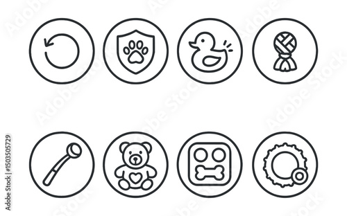 Line style icons of pets at home: toy rotation icon, chew-proof symbol, squeaky toy in circle, rope knot badge, ball launcher symbol, plush with heart, puzzle feeder icon, interactive toy ring.