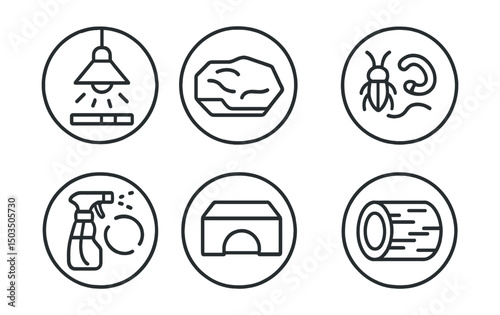 Line style icons of pets at home: reptile lamp icon, basking rock symbol, habitat zone layout, temp control gauge, live feeding icon, mist spray ring, hide box symbol, habitat log entry. Circular