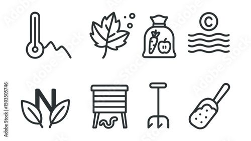 Line style icons of garden and greenhouse: compost thermometer, decomposing leaf icon, organic waste bag, carbon layer icon, nitrogen-rich waste symbol, worm bin, compost turner, finished compost