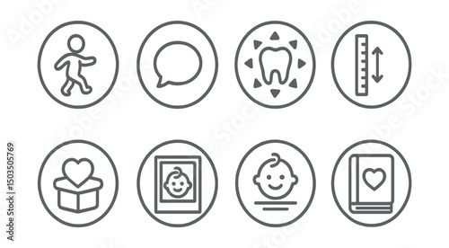 Line style icons of family and parenting: first step icon, first word badge, new tooth ring, height mark wall, milestone memory icon, photo with frame, joy circle with date, baby book symbol.