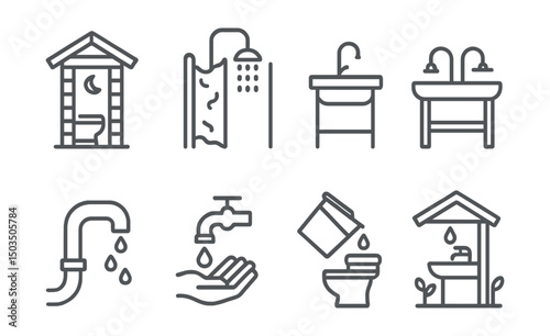 Line style icons of garden structures: compost toilet, natural shower wall, garden sink frame, wash station icon, greywater pipe, clean hands station, bucket flush icon, eco hygiene spot.