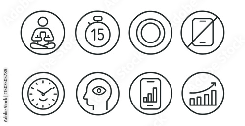Line style icons of digital minimalism: mindful screen time icon, timer limit badge, daily time goal ring, no endless scroll symbol, time well spent icon, attention tracker, screen-time bar, usage