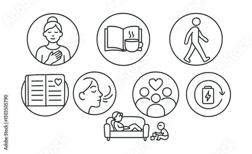 Line style icons of family and parenting: self-care for parent, cup of tea with book, solo walk icon, journal and breath moment, rest while child plays, support network badge, guilt-free pause ring,