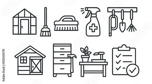 Line style icons of garden and greenhouse: greenhouse cleaning tools, bench scrub brush, disinfecting spray, storage hooks, garden shed icon, tool cabinet, potting station, cleanliness checklist.