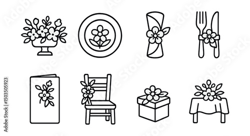 Line style icons of holiday floral arrangements: floral centerpiece for feast, plate arrangement with flower, napkin ring flower, cutlery with mini bloom, menu card with florals, chair bouquet icon,