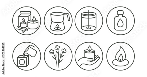 Line style icons of hobbies and creativity: candle making kit icon, wax melting pot, wick placement badge, scent bottle symbol, mold and pour ring, dried flowers for candle, hand-poured icon, cozy