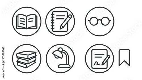 Line style icons of education and learning: open book icon, pencil on notebook ring, reading glasses symbol, bookmark badge, textbook stack, study lamp circle, chapter highlight icon, paper and pen