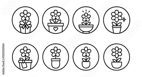 Line style icons of potted flowers: gift flower in pot, thank-you flower planter, birthday bloom bowl, celebration potted flower, office flower gift icon, housewarming pot, mini gesture flower icon,