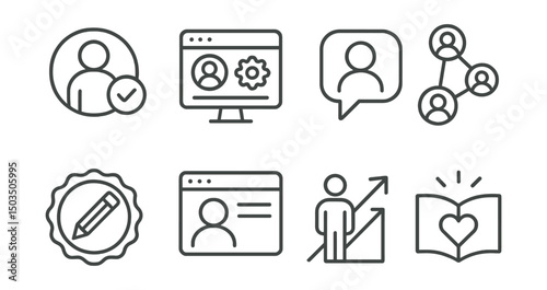 Line style icons of career and growth: personal brand icon, online profile setup, elevator pitch bubble, social network connection, headline writing badge, digital presence icon, visibility boost,