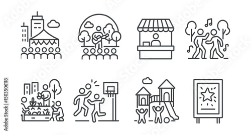 Line style icons of urban life: city festival icon, concert in the park, food fair booth, people dancing outdoors, urban garden with community, sports in city square, kids play zone, local event