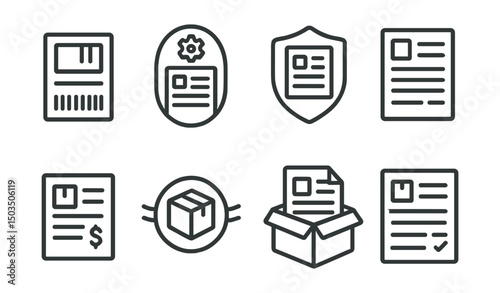 Line style icons of logistics and delivery: shipment label icon, customs document badge, export form symbol, delivery manifest page, package invoice icon, international shipping stamp, box with