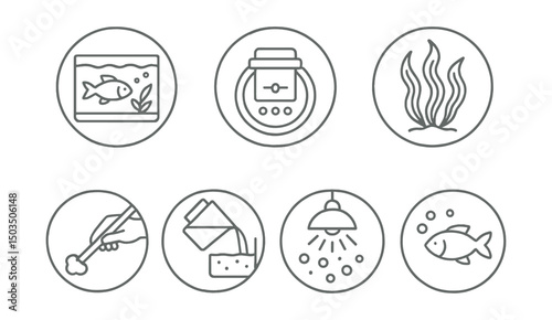 Line style icons of pets at home: fish tank setup icon, filter system ring, aquatic plant circle, feeding stick icon, clean water change icon, calm bubble stream, tank light badge, fish health check.