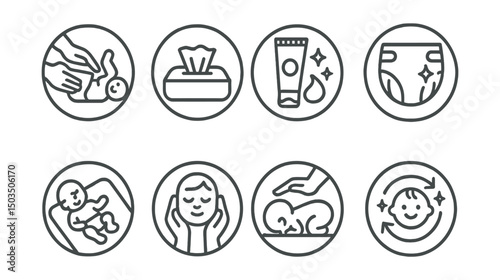 Line style icons of family and parenting: diaper change icon, soft wipe symbol, diaper cream ring, fresh diaper badge, baby changing pad, gentle hands icon, baby hygiene moment, clean care cycle.