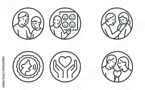 Line style icons of family and parenting: emotional check-in with child, name your feeling chart, gentle listening pose, comfort after tears icon, soft voice badge, validating feelings ring, safe