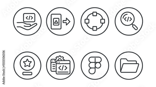 Line style icons of app development: developer handoff icon, design-to-code symbol, component library ring, code inspector badge, style token icon, dev tools set, Figma export symbol, implementation