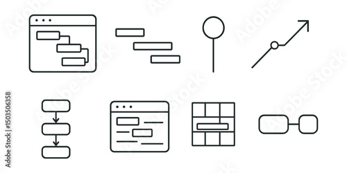 Line style icons of project management: Gantt chart symbol, timeline with bars, milestone marker, dependency arrow icon, project stages flow, time block layout, visual plan grid, task phase