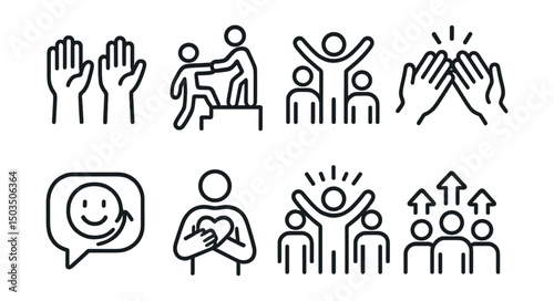 Line style icons of motivation and inspiration: hands lifting up icon, supporting figure symbol, team encouragement icon, high-five moment, uplifting chat bubble, cheer heart icon, peer motivation,