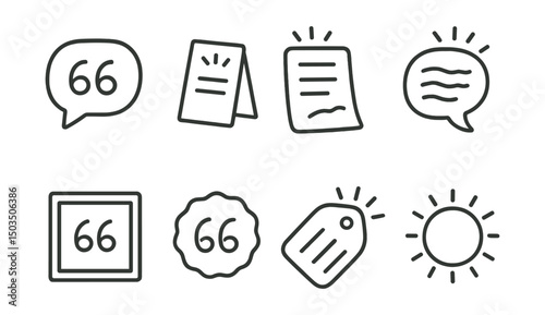 Line style icons of motivation and inspiration: quote bubble icon, daily message card, uplifting phrase sheet, words that move icon, framed mantra, sticker with quote, reminder label, affirmation