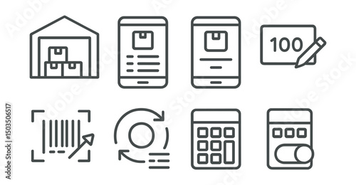 Line style icons of inventory management: warehouse tablet with item list, inventory app screen, item detail interface, editable stock field, scan-to-update icon, update log history, fast input